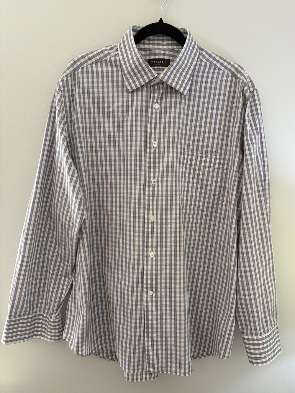 Canali Blue Brown Check Dress Shirt Italy 17.5 XL